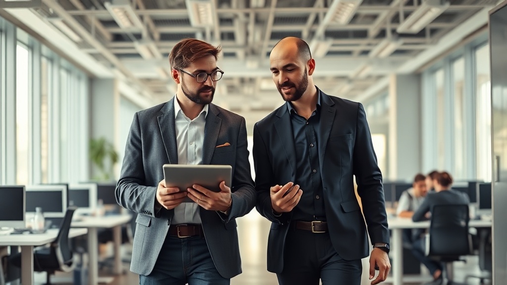 IT manager and network engineer planning a Wi-Fi 7 refresh in a modern corporate office