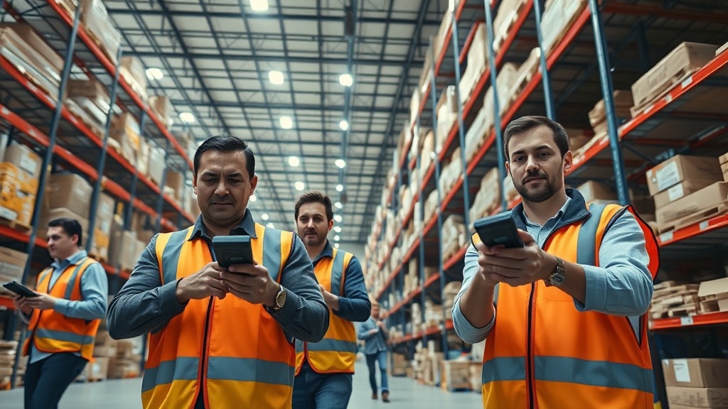 Warehouse workers using handheld scanners in a large logistics facility