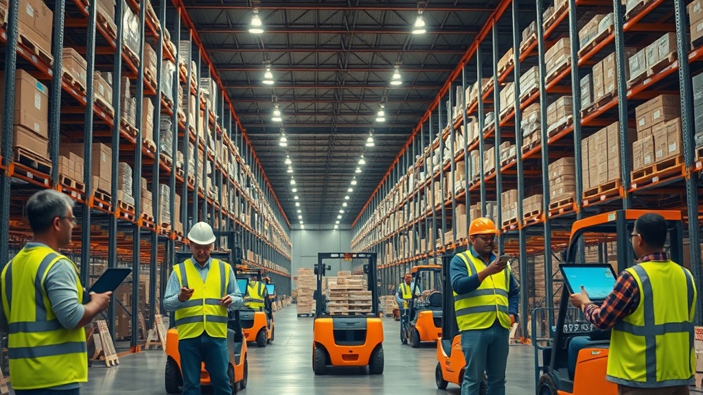 Warehouse workers using handheld scanners and tablets in a busy distribution center