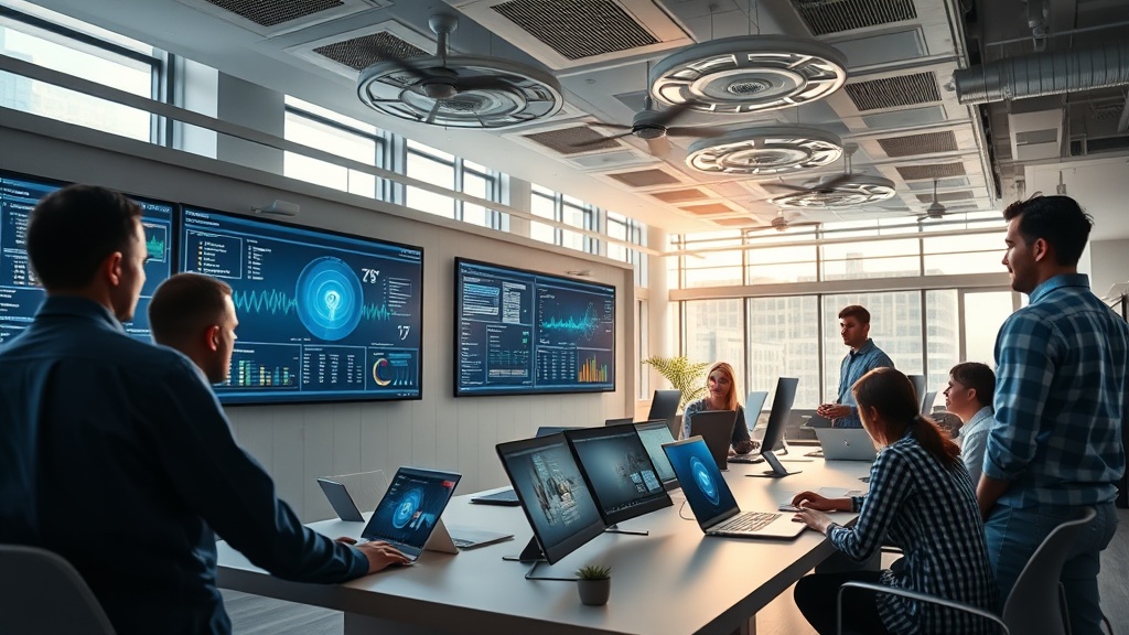 Enterprise IT team reviewing Wi-Fi network analytics in a modern office