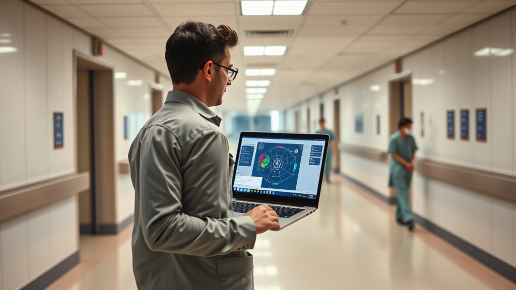 Wireless network engineer conducting an RF site survey in a hospital corridor
