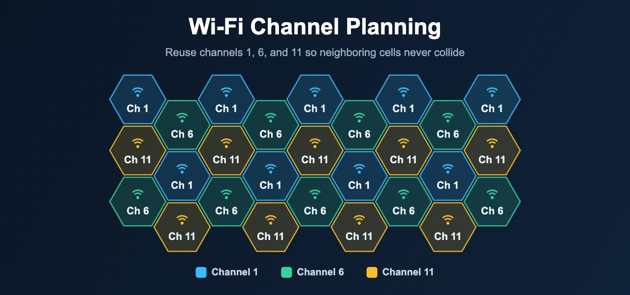 Honeycomb diagram showing Wi-Fi channel reuse with channels 1, 6, and 11